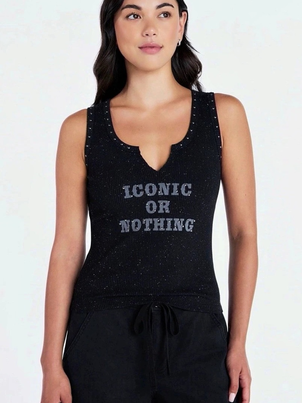 Madden NYC Iconic or Nothing Rhinestone Studded Tank Top Sequin Graphic Tank Top